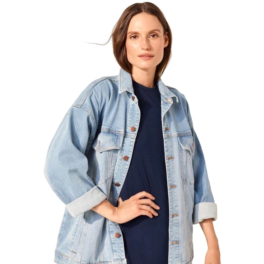 EILEEN FISHER Women’s Lightwash Trucker Style Button Up Denim Jacket